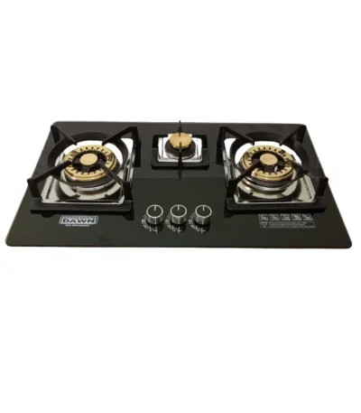 DawnGas 3-Burner Tempered Glass Brass Burner Hob DG-3003BB – Premium Built-in Kitchen Appliance