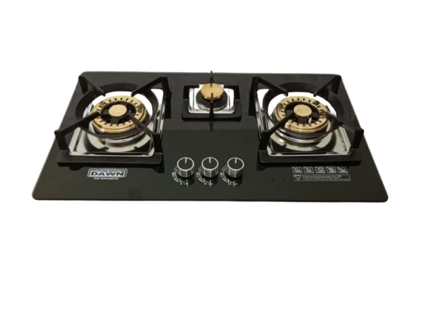 DawnGas 3-Burner Tempered Glass Brass Burner Hob DG-3003BB – Premium Built-in Kitchen Appliance