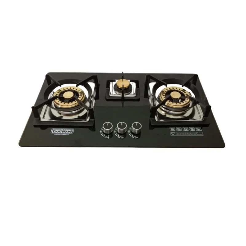 DawnGas 3-Burner Tempered Glass Brass Burner Hob DG-3003BB – Premium Built-in Kitchen Appliance